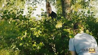 OLD4K. Hot blows older penis and gets it into her small twat outdoor