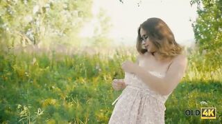 OLD4K. Hot blows older penis and gets it into her small twat outdoor