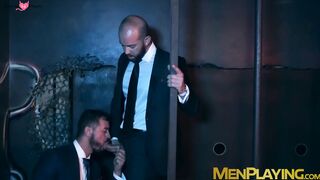 Executive office hunks meet for glory hole bareback drilling
