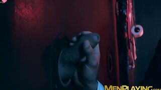Executive office hunks meet for glory hole bareback drilling
