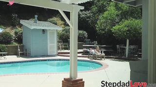 Stepdad drills his young stepdaughter in the living room