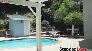 Stepdad drills his young stepdaughter in the living room