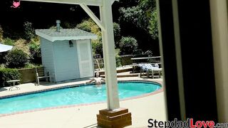 Stepdad drills his young stepdaughter in the living room