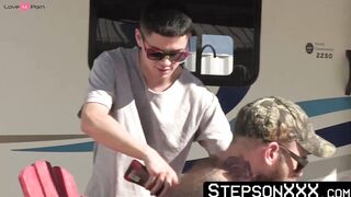 Ripped stepdaddy Myles Landon creeps into the shower where Im in and rims my ass