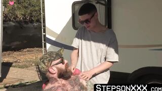 Ripped stepdaddy Myles Landon creeps into the shower where Im in and rims my ass