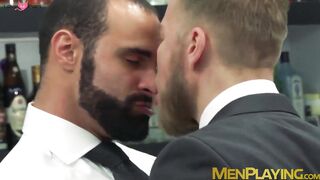 Inked classy hunk Matthew Anders drilling hairy businessman