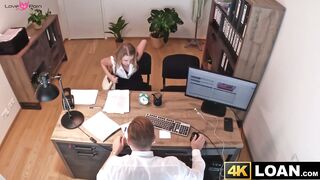 Reluctant blonde Andrea rides a massive cock for a money loan