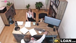 Reluctant blonde Andrea rides a massive cock for a money loan