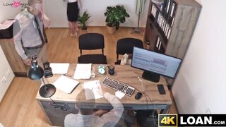 Reluctant blonde Andrea rides a massive cock for a money loan