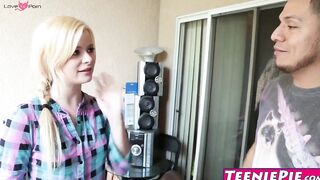 Petite blonde babe Charlyse Angel throatfucked by stepbro
