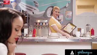 GIRLSWAY - Classic Waitress cougar Serene Siren Goes Wild On Diner Last Slim Customer Alexis Tae