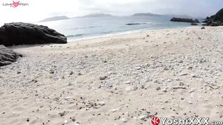 Naughty Japanese Yoshi Kawasaki tugs his cock and cums on the beach