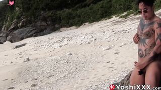 Naughty Japanese Yoshi Kawasaki tugs his cock and cums on the beach