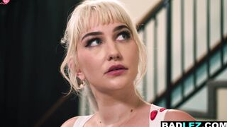 Blonde lesbian punishing her hot roomate