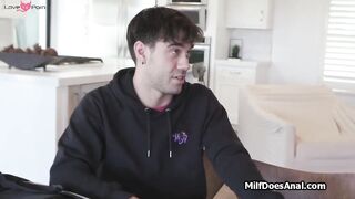 Asian milf tutor gags on two studs at home