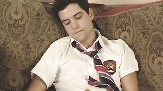 Jock student takes his uniform off to jerk his big cock off