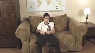 Jock student takes his uniform off to jerk his big cock off