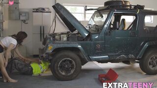 Car mechanic with huge dick gets to fuck a hot petite babe
