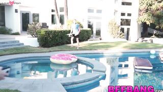 Handsome best friends bang with a hung dude by the pool