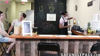 Amone Bane fucks regulars Jonah Wheeler and Dakota Lovell in his cafe