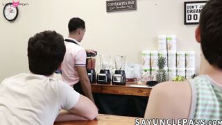 Amone Bane fucks regulars Jonah Wheeler and Dakota Lovell in his cafe