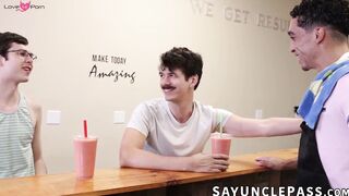 Amone Bane fucks regulars Jonah Wheeler and Dakota Lovell in his cafe