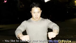Muscular Asian Kosuke plays with his tight ass while tugging his big dick