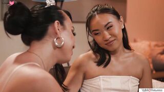 Asian babe comforts tgirl with a blowjob