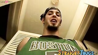 Goatee thug Axel working out a messy load out of his cock