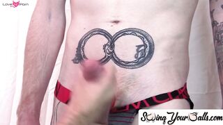 SwingYourBalls.com - Handcuffed and blindfolded slave gives amazing handjob to his ma