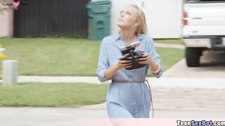 Small blonde slut playing with her drone