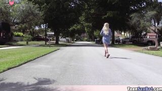 Small blonde slut playing with her drone