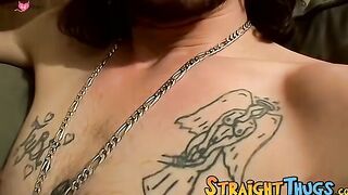 Three horny guys pull their cocks out and stroke them hard
