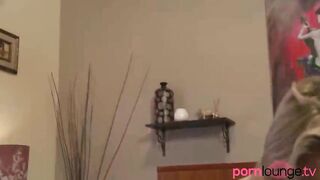 Inked blonde gets cum on her long boobs