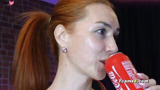 Redhead shemale jerking her shaved cock