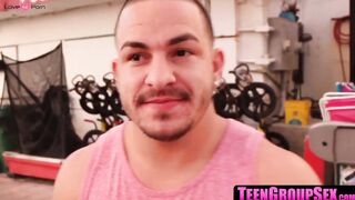 TeenGroupSex.com - Cute teens seduce guy and work magic on his cock
