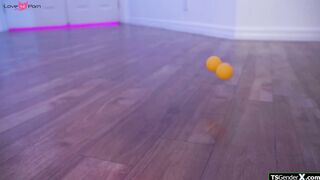 Kenna James jerks off two busty shemales