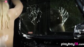 Bubble covered teen and BFFs wash a car