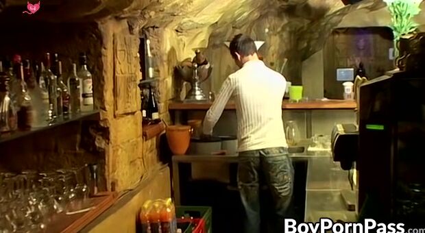 Naughty bartender Cristian vigorously wanking off on the job