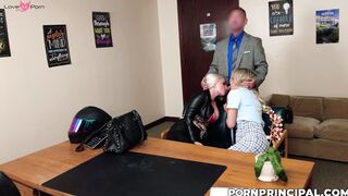 Two milfs making a naughty deal with principal