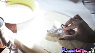 Sexy ebony teen cooking and stripping