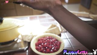 Sexy ebony teen cooking and stripping