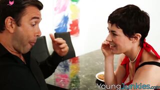 A sporty dude with giant penis pounds playful babe Olive Glass pussy and mouth
