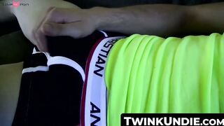 TwinkUndie.com - Young hunk Jimmy Roman's big cock rub and powerful cumshot