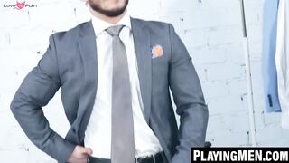 PlayingMen.com - John Brachalli's thick cock pounded by suited Javi Gray