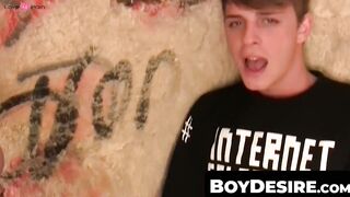 BoyDesire.com - Blond twink's open-air double dick feeding frenzy