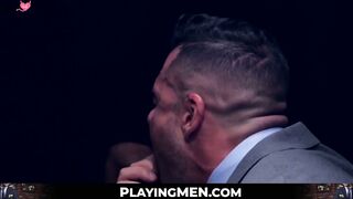 PlayingMen.com - Classy hunk sucks gloryhole cock before threeway drilling with inten