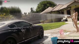 Exotic asian hottie and GFs wash a car