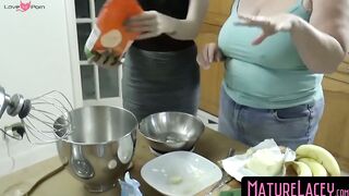 MatureLacey.com - Big tits GILF's sensual fucking of younger chick in kitchen