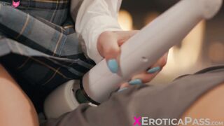 Blonde babe Natalie Knight massages a muscular stud but that soon leads to her riding